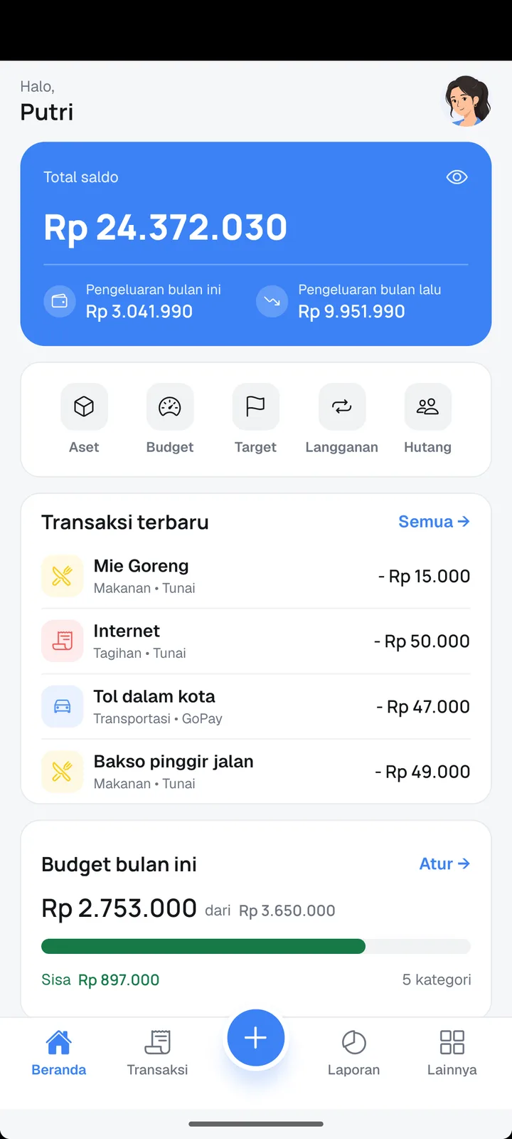 Beranda — total saldo, pintasan, transaksi terbaru, dan budget bulan ini.