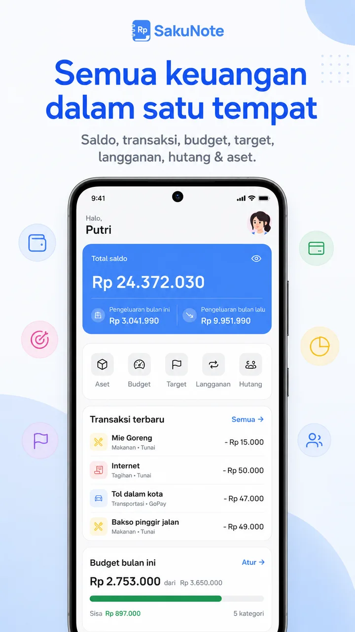 Beranda — total saldo, pintasan, transaksi terbaru, dan budget bulan ini.