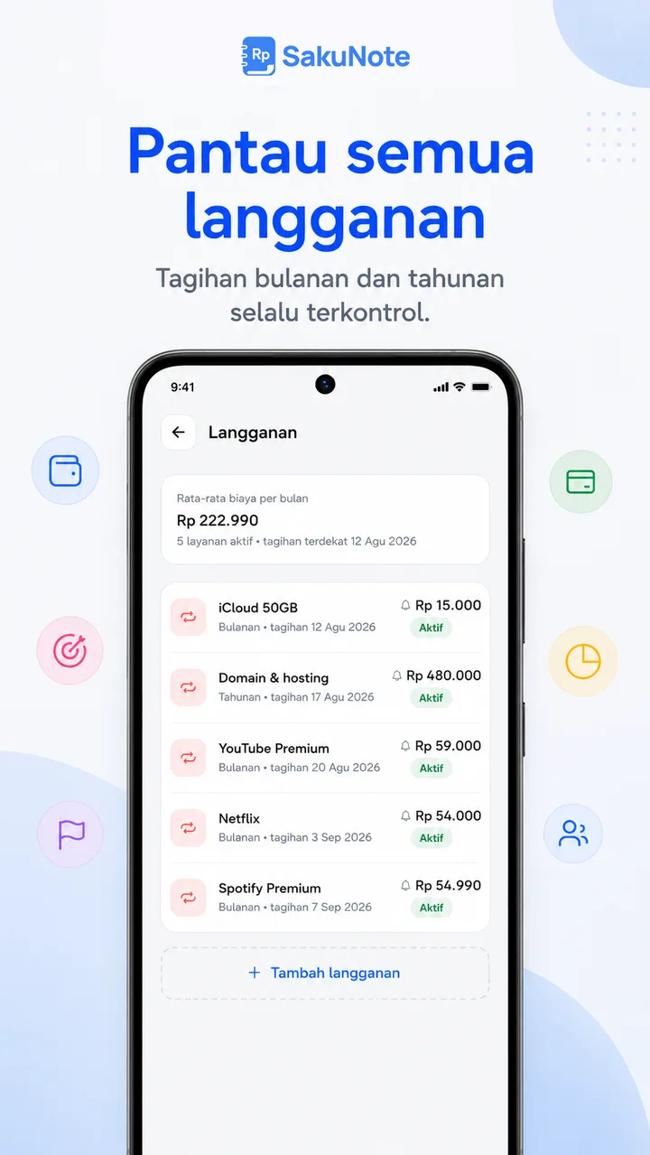 Langganan — tagihan bulanan dan tahunan beserta tanggal jatuh temponya.