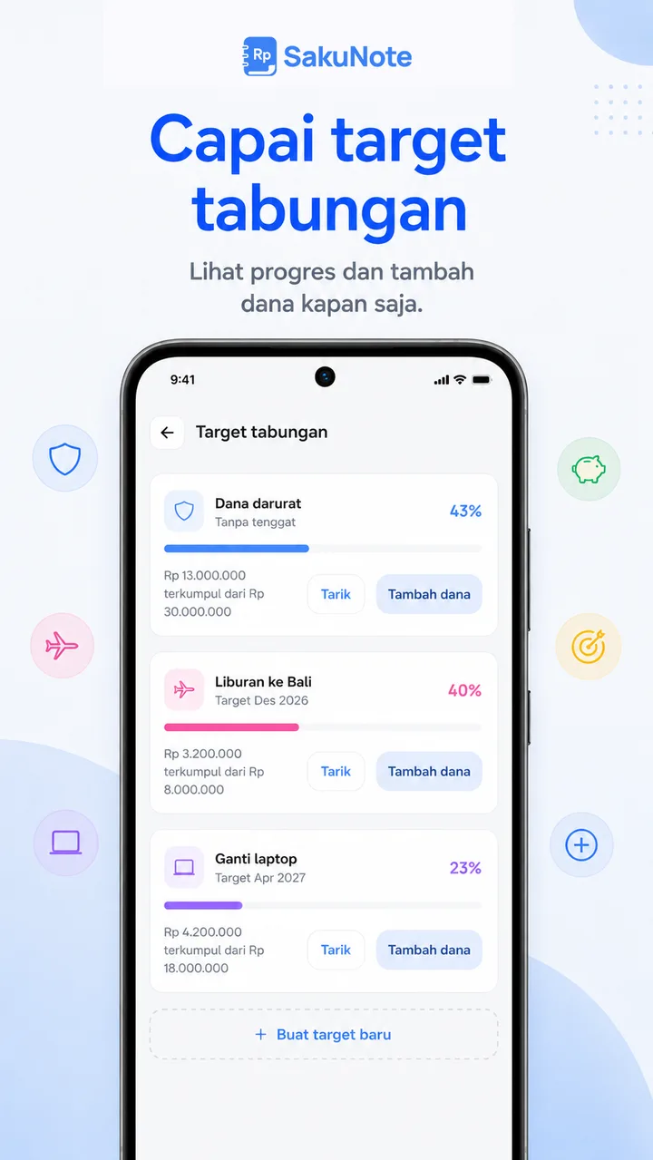Target tabungan — progres tiap tujuan, dengan tombol tarik dan tambah dana.