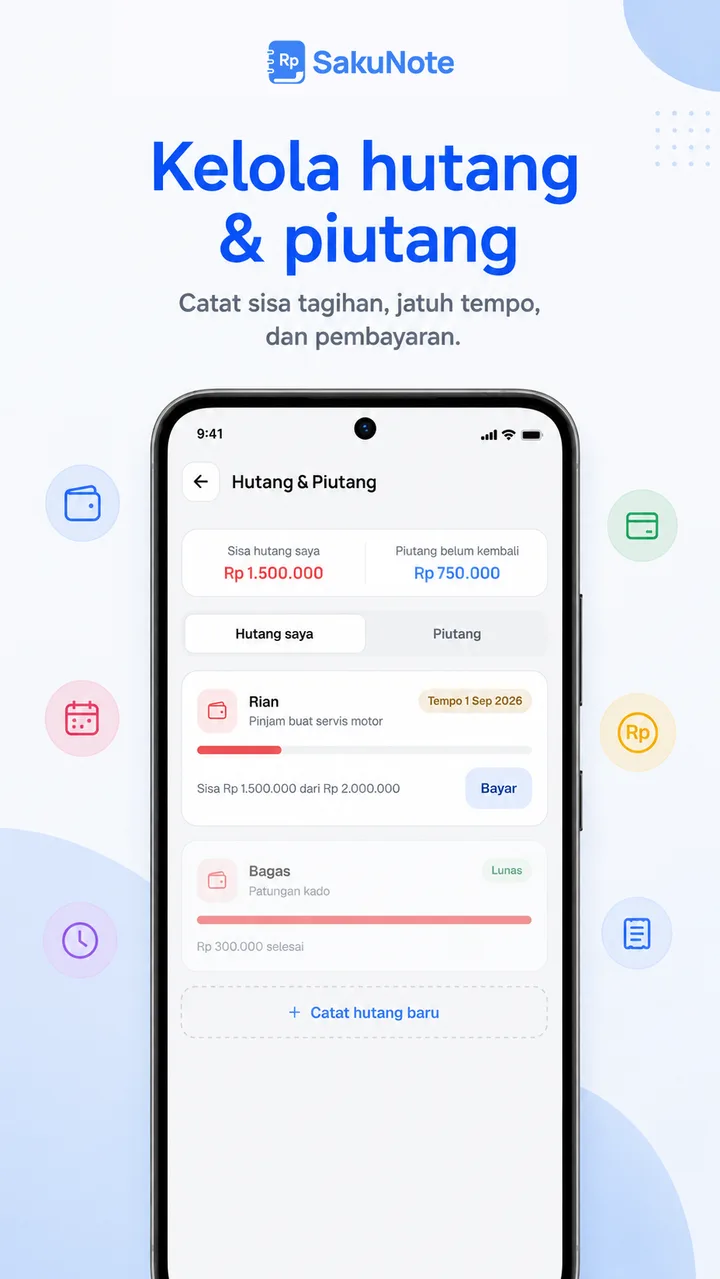 Hutang & piutang — sisa tagihan, jatuh tempo, dan pencatatan pembayaran.
