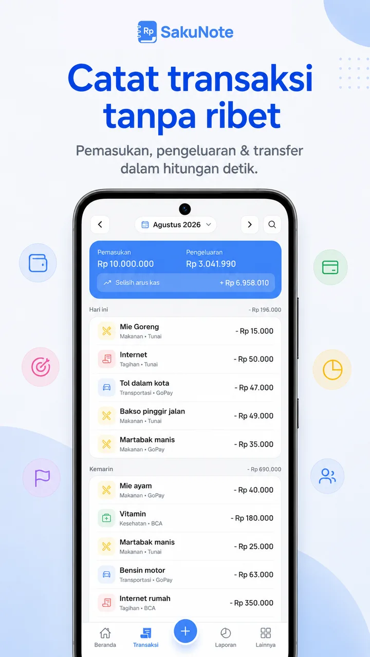 Riwayat transaksi — pemasukan, pengeluaran, dan transfer yang dikelompokkan per tanggal.